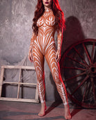 One-piece orange catsuit with white skeleton-style tattoo graphic, long sleeves and legs