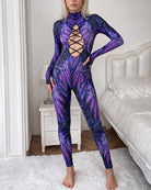 Feather Print Lace-Up Cutout Long Sleeve Catsuit Costume - Purple