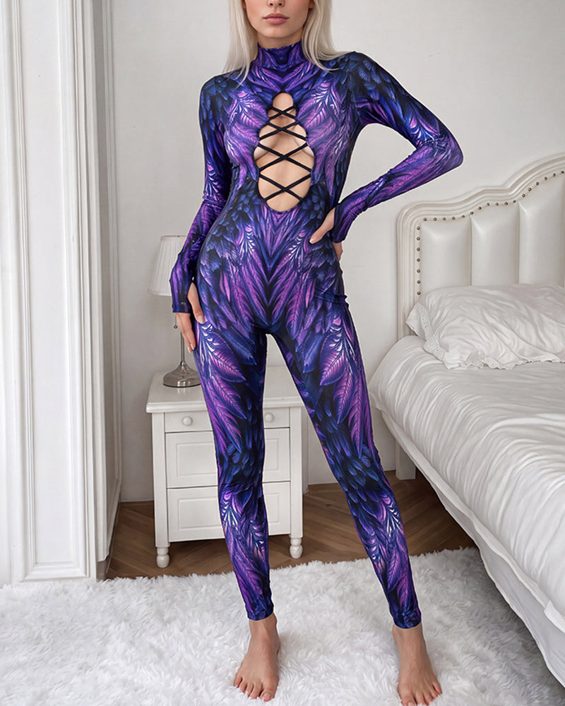 Feather Print Lace-Up Cutout Long Sleeve Catsuit Costume - Purple