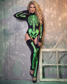 Neon green skeleton-print bodysuit with gloves and thigh-high stockings, full-length