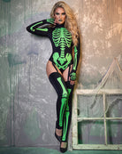 Neon Skeleton Print Bodysuit with Stockings and Gloves Halloween Set