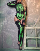 Neon green skeleton-print bodysuit with gloves and thigh-high stockings