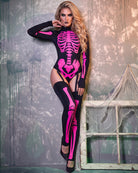 Hot pink skeleton-print bodysuit with gloves and thigh-high stockings, full-length