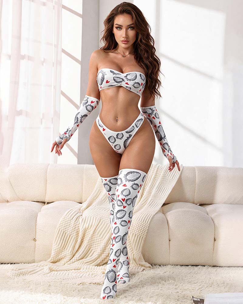 Novelty print lingerie set with strapless tube top, matching G-string, gloves, and thigh-high socks
