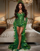 Green sequin strapless bodysuit costume with leafy sleeve and bodice trim, sheer leg sides