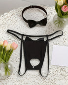 Black tuxedo-style bow collar open pouch G-string thong with front print pouch