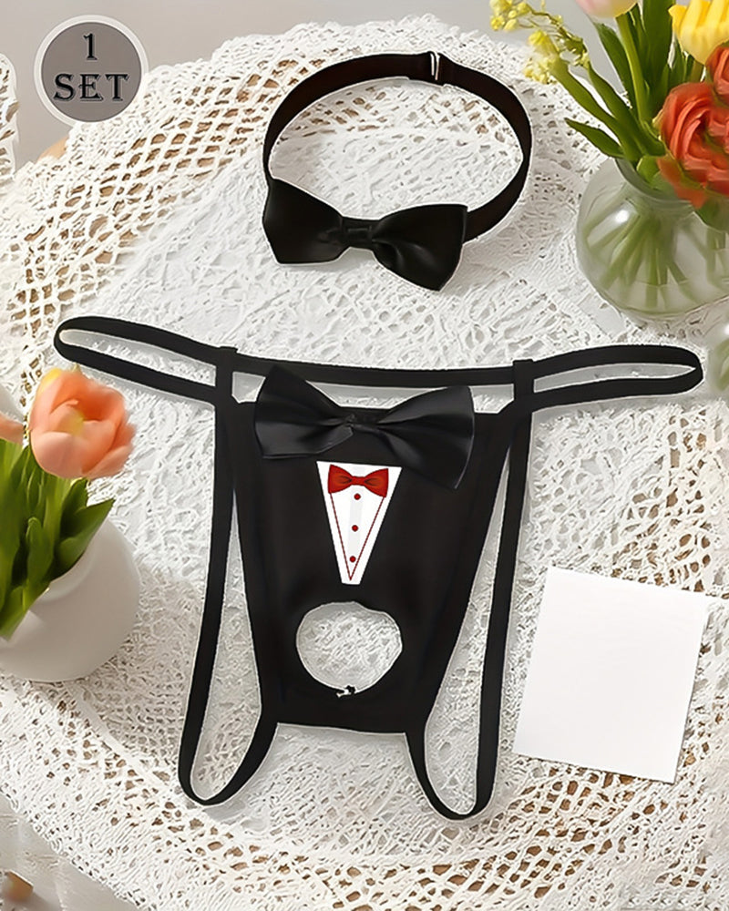 Black tuxedo-style bow collar open pouch G-string thong set with bow tie