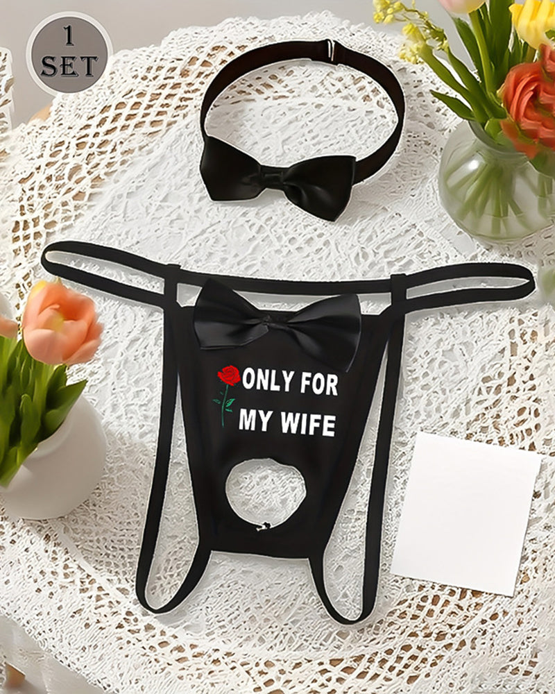 Black bow-collar open pouch G-string thong set with printed front and bow tie