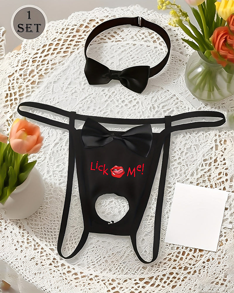 Black bow-collar open pouch G-string thong set with printed front wording