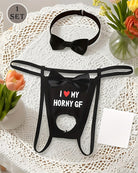 Black bow-collar open pouch G-string thong set with heart and text print
