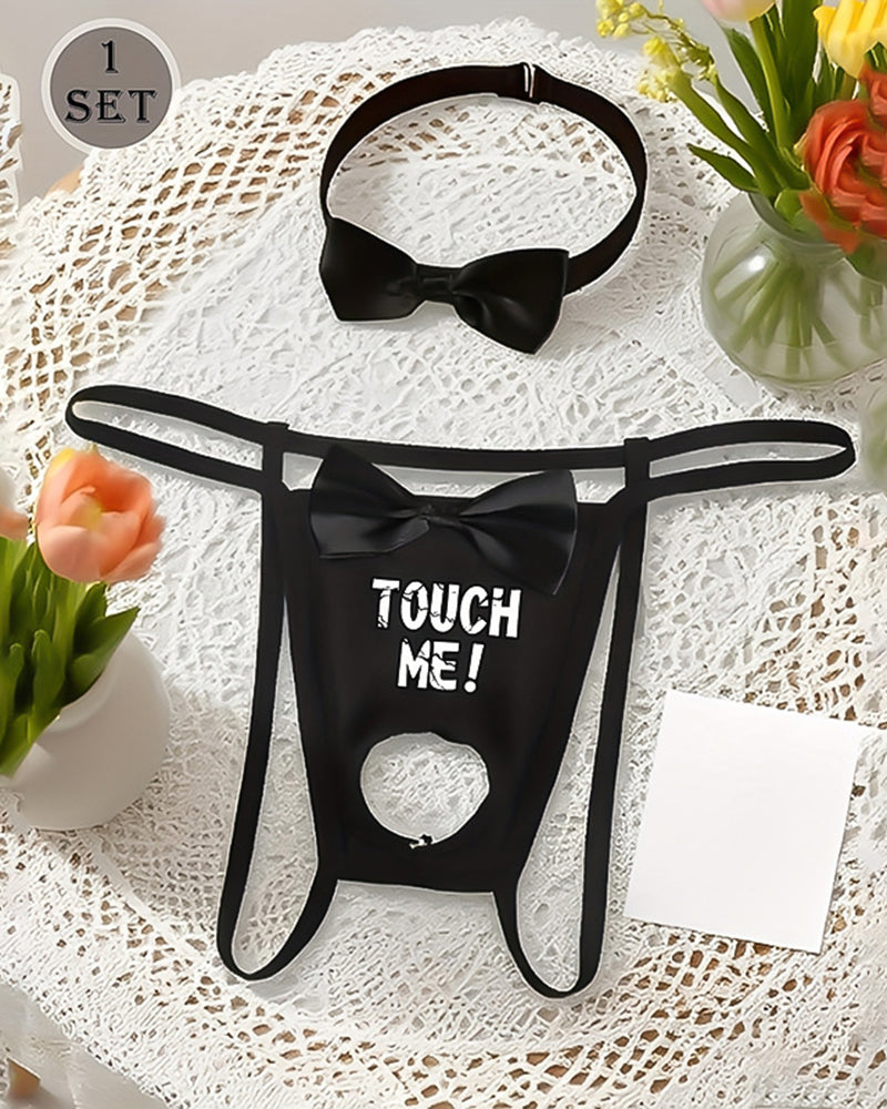 Black bow-collar open pouch G-string thong set with bold text print on front