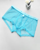 Light blue sheer mesh boxer briefs with elastic waistband and front pouch