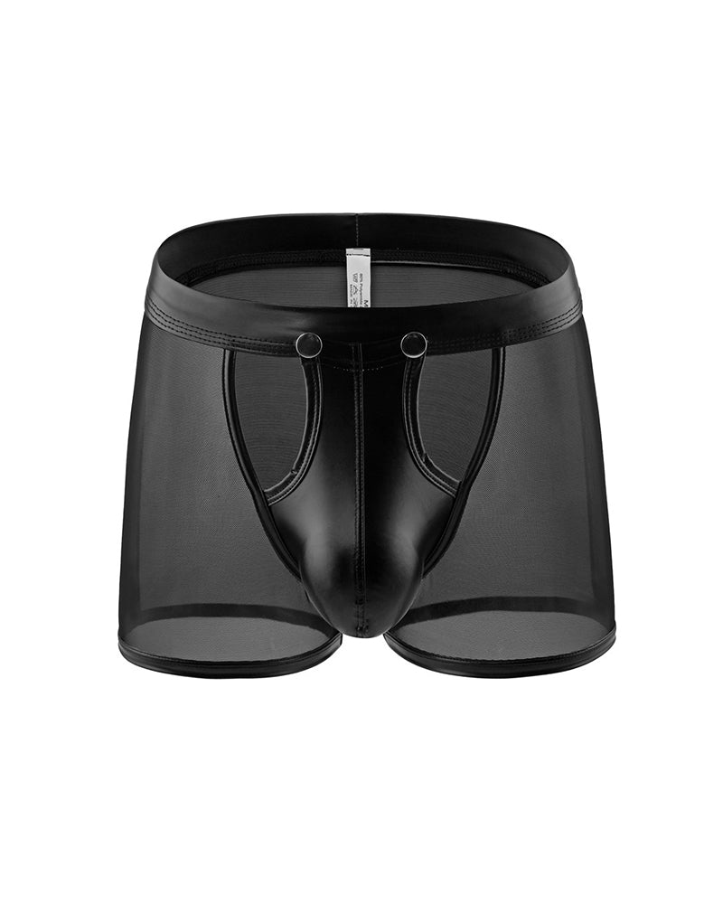 Black mesh boxer briefs with PU leather trim and snap-front closure, front pouch