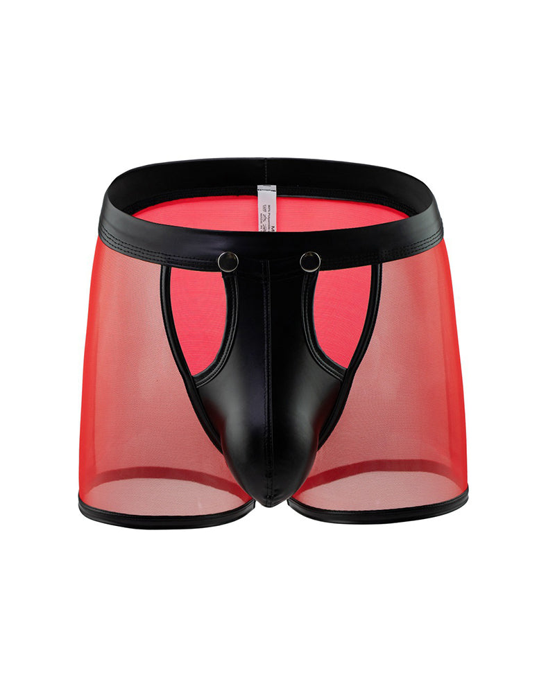Red mesh boxer briefs with black PU leather trim and snap-front closure, front pouch