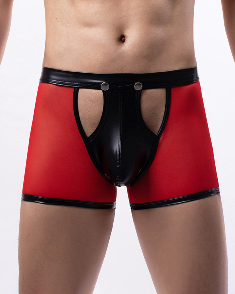 Red mesh boxer briefs with glossy black PU trim and snap closure, front pouch