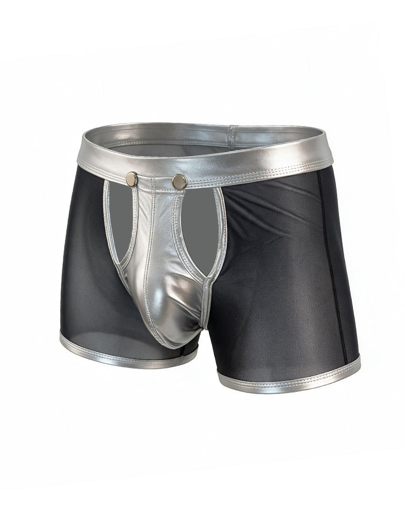 Silver PU-trim mesh boxer briefs with snap-front closure, black mesh panels, front pouch