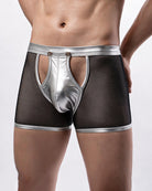 Silver-and-black mesh boxer briefs with PU leather trim and snap closure, front pouch