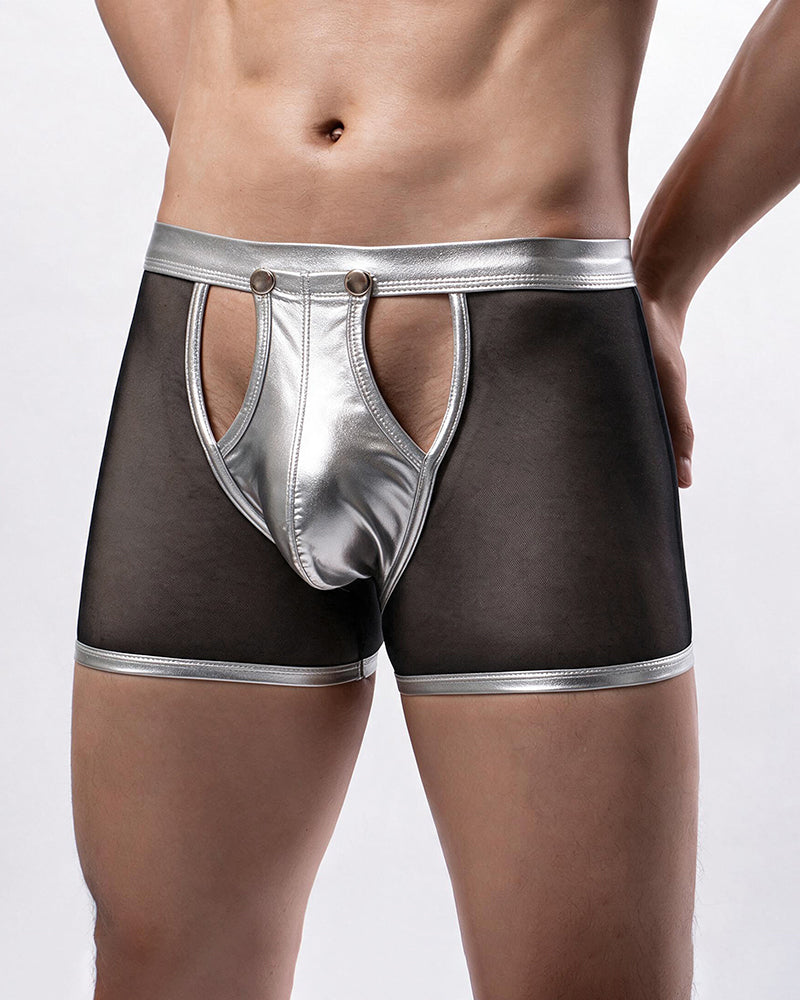 Silver-and-black mesh boxer briefs with PU leather trim and snap closure, front pouch