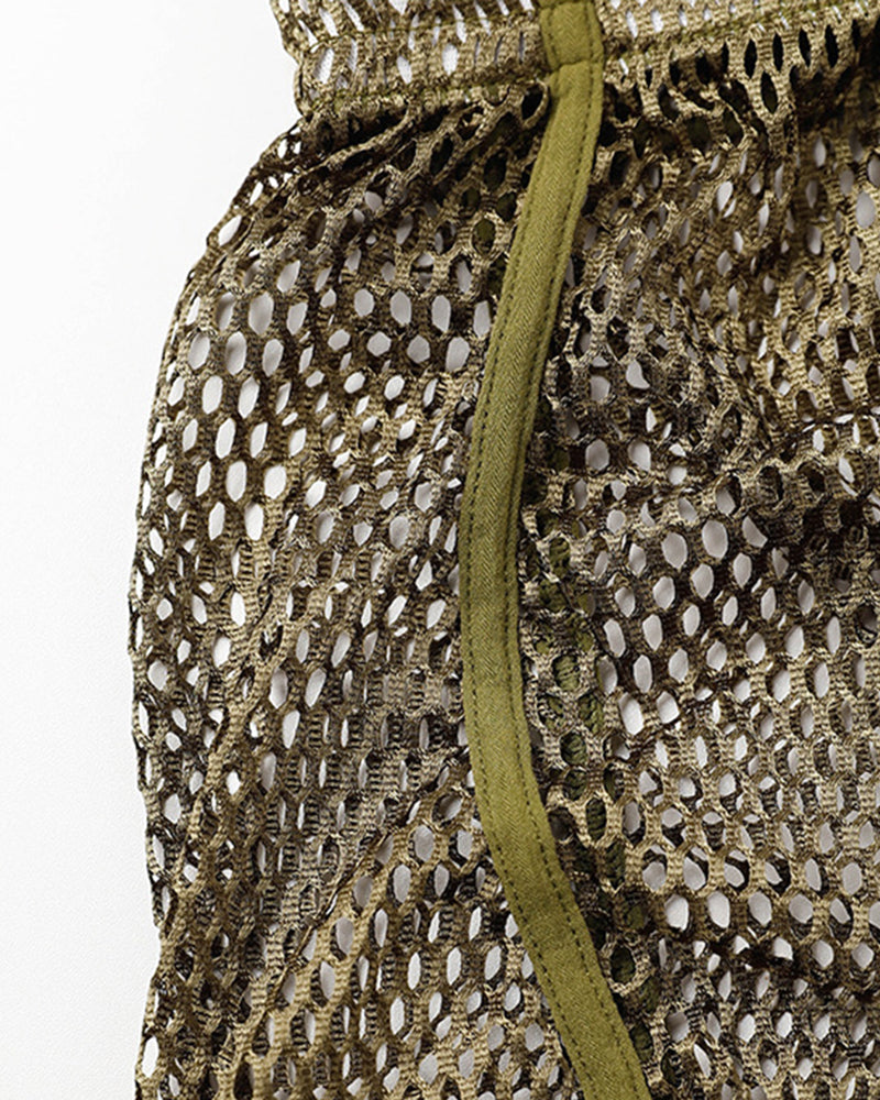 Army green open mesh drawstring shorts close-up with waistband tie and lining.