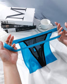 Sheer black mesh G-string thong with blue elastic waistband