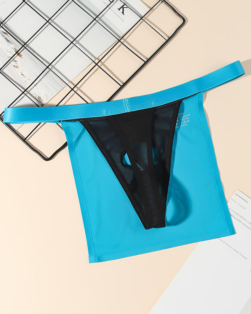 Sheer black mesh G-string thong with blue elastic waistband