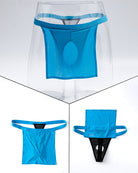 Blue sheer G-string thong with clear pouch-style packaging