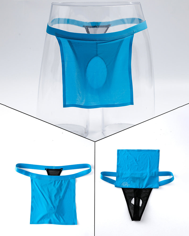 Blue sheer G-string thong with clear pouch-style packaging