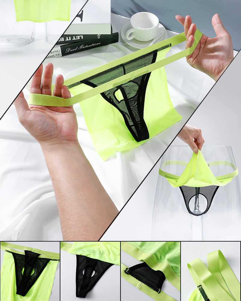 Sheer black mesh G-string thong with neon green elastic waistband, angled view