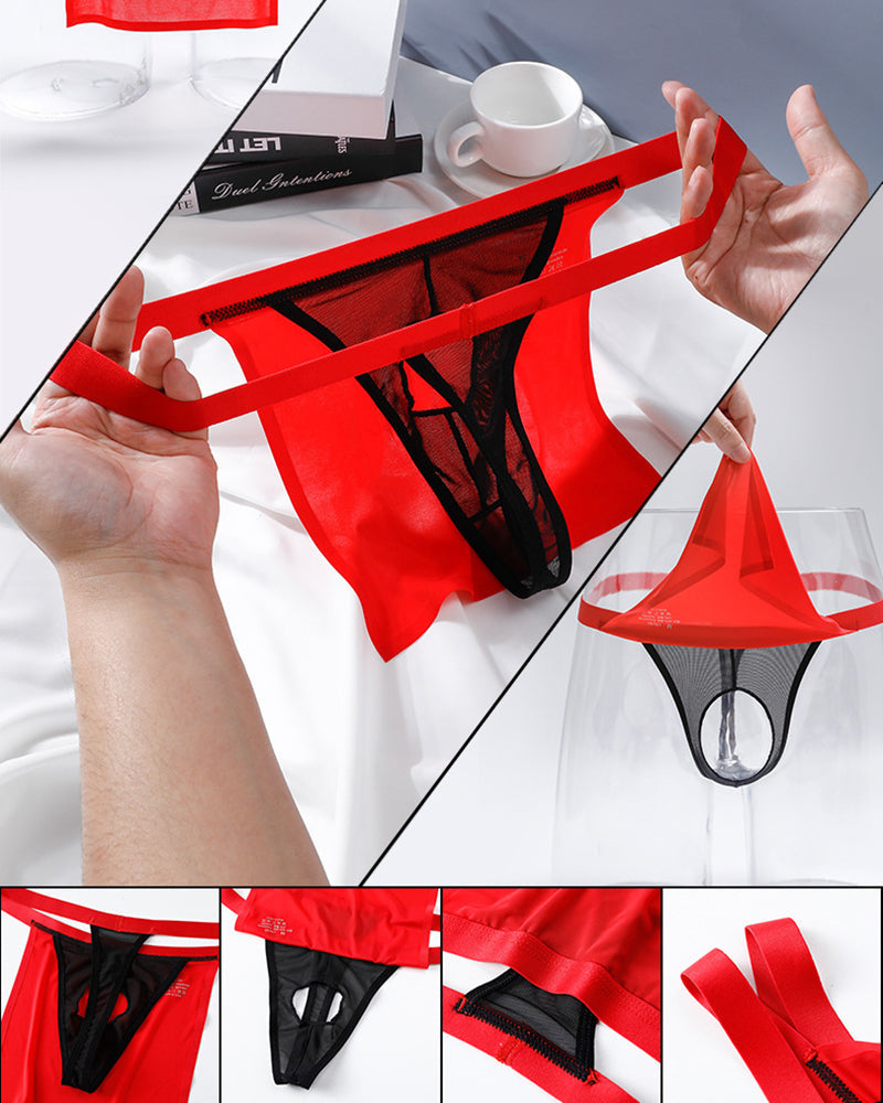 Sheer black mesh G-string thong with red elastic waistband, pouch in box