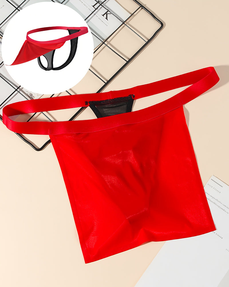 Red sheer g-string thong with elastic waistband and satin pouch