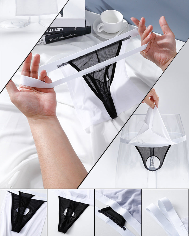 Black sheer g-string thong with white satin pouch, close-up of elastic waistband