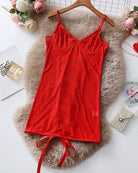 Red sheer mesh underwire mini dress with spaghetti straps and tie-front hem