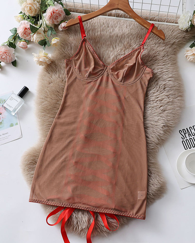 Skin-tone sheer mesh underwire mini dress with spaghetti straps and tie-front hem