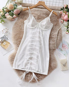 White sheer mesh underwire mini dress with spaghetti straps and lace tie hem
