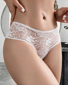 Floral lace crotchless thong panty in white with scalloped lace trim and cutout.