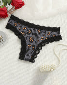 Gray lace-trim thong panty with orange cat and pumpkin print