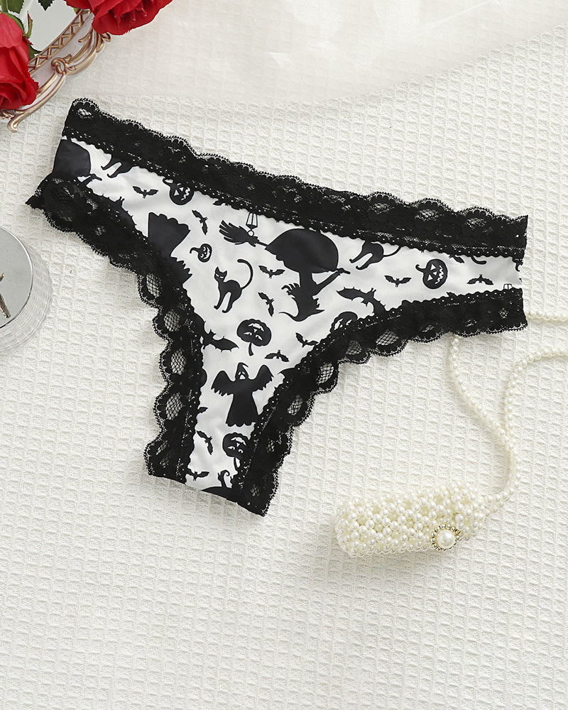 White lace-trim thong panty with black Halloween character print