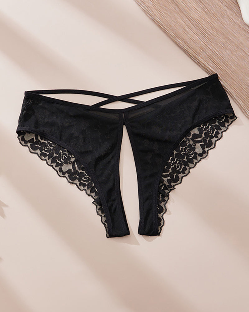 Black lace crotchless panties with criss-cross front straps and scalloped edges
