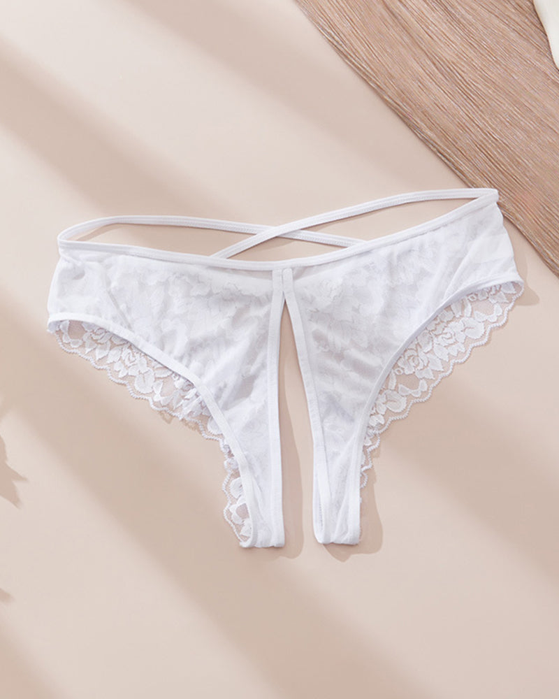 White lace crotchless panties with criss-cross strap front and scalloped lace trim