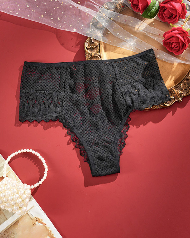 Plus size high-waist lace panties, black with criss-cross front detail.