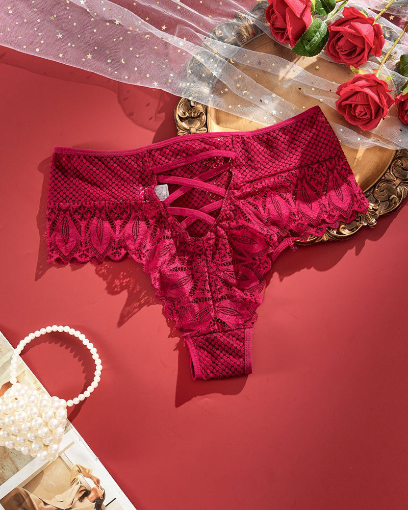 Plus size high-waist lace panties, red criss-cross lace tie detail at front.