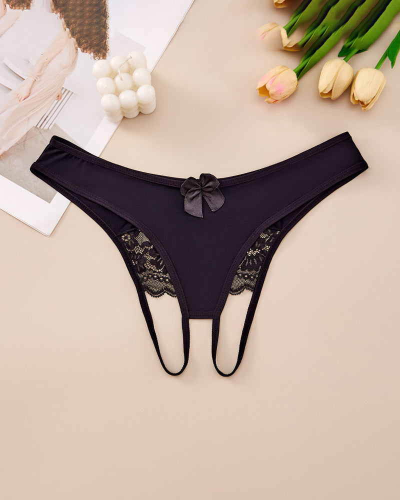 Plus size black crotchless lace thong with lace-trim waistband and center bow