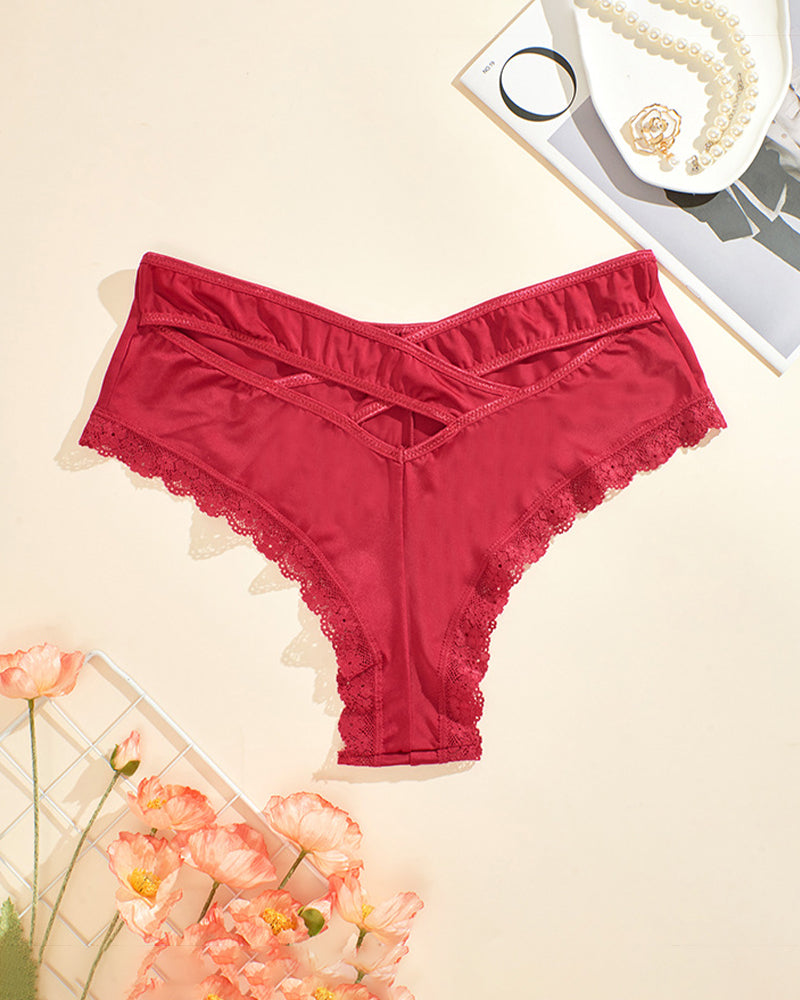 Red mid-rise criss-cross bikini panties with lace trim