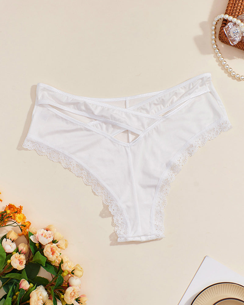 White mid-rise criss-cross bikini panties with lace trim