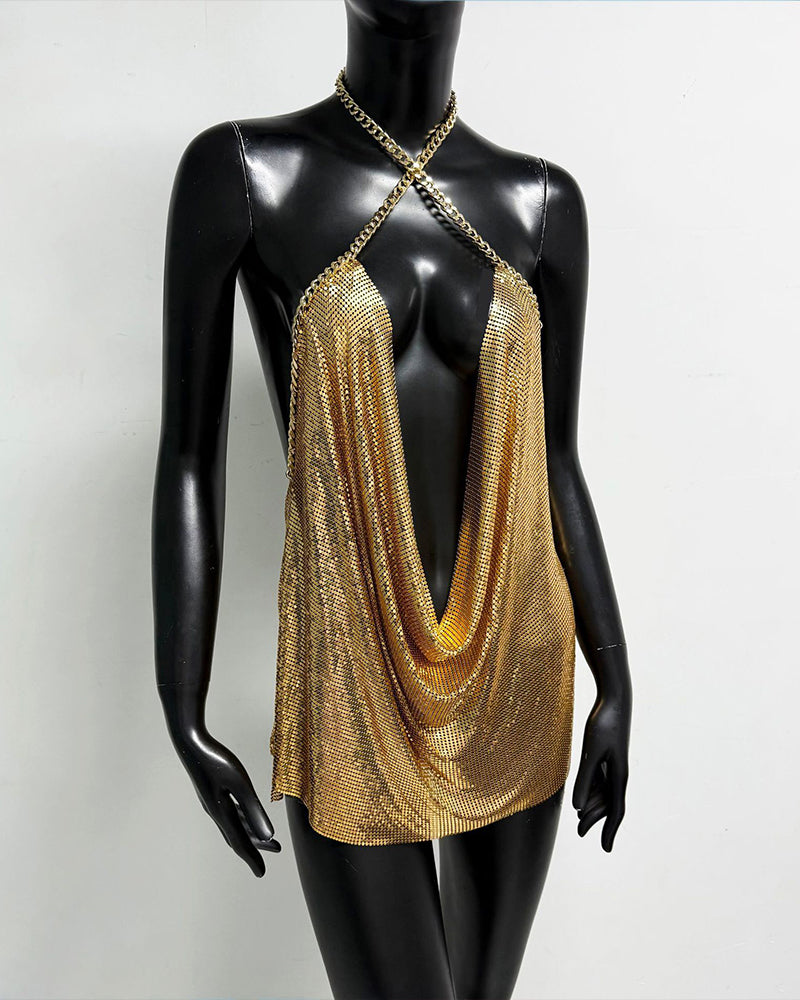 Gold metallic chain halter mini dress with crossed straps and deep V front