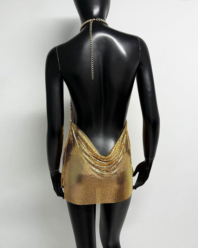 Gold metallic chain halter mini dress with open back and crisscross chain halter