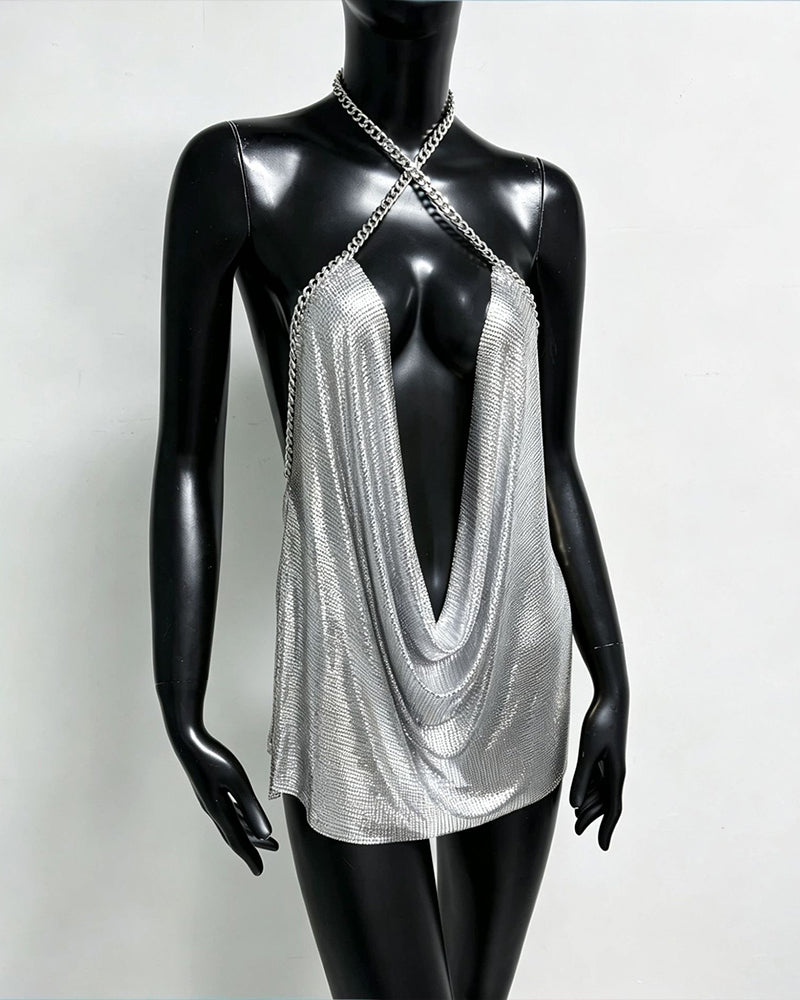 Silver metallic chain halter mini dress with crossed straps and deep V front