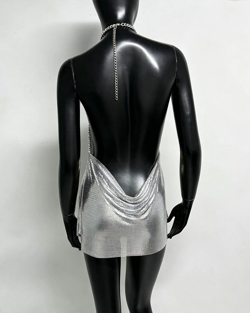 Silver metallic chain halter mini dress with open back and draped chain fringe