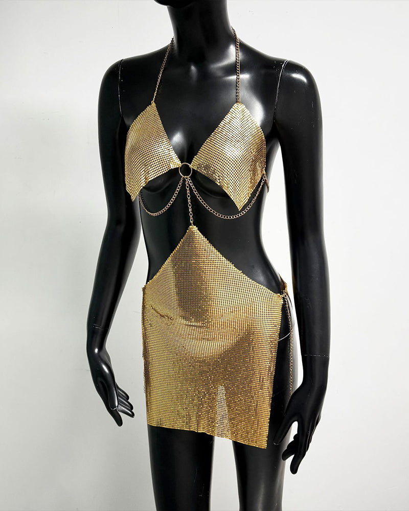 Gold metallic chain bra top and mini skirt set on mannequin, ring front detail