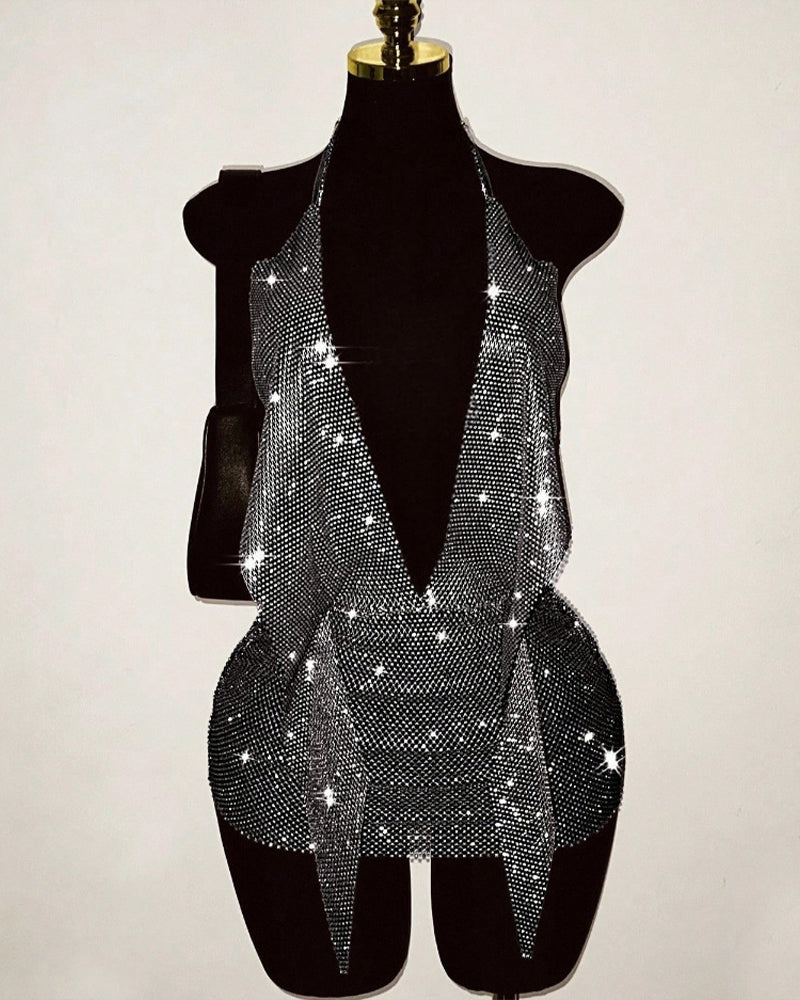 Black rhinestone fishnet halter backless mini dress with deep V front